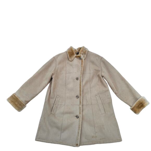 VTG 90s Penny Lane Coat Size L Tan Faux Suede Plush Fur Patchwork Fleet Street - Picture 11 of 11